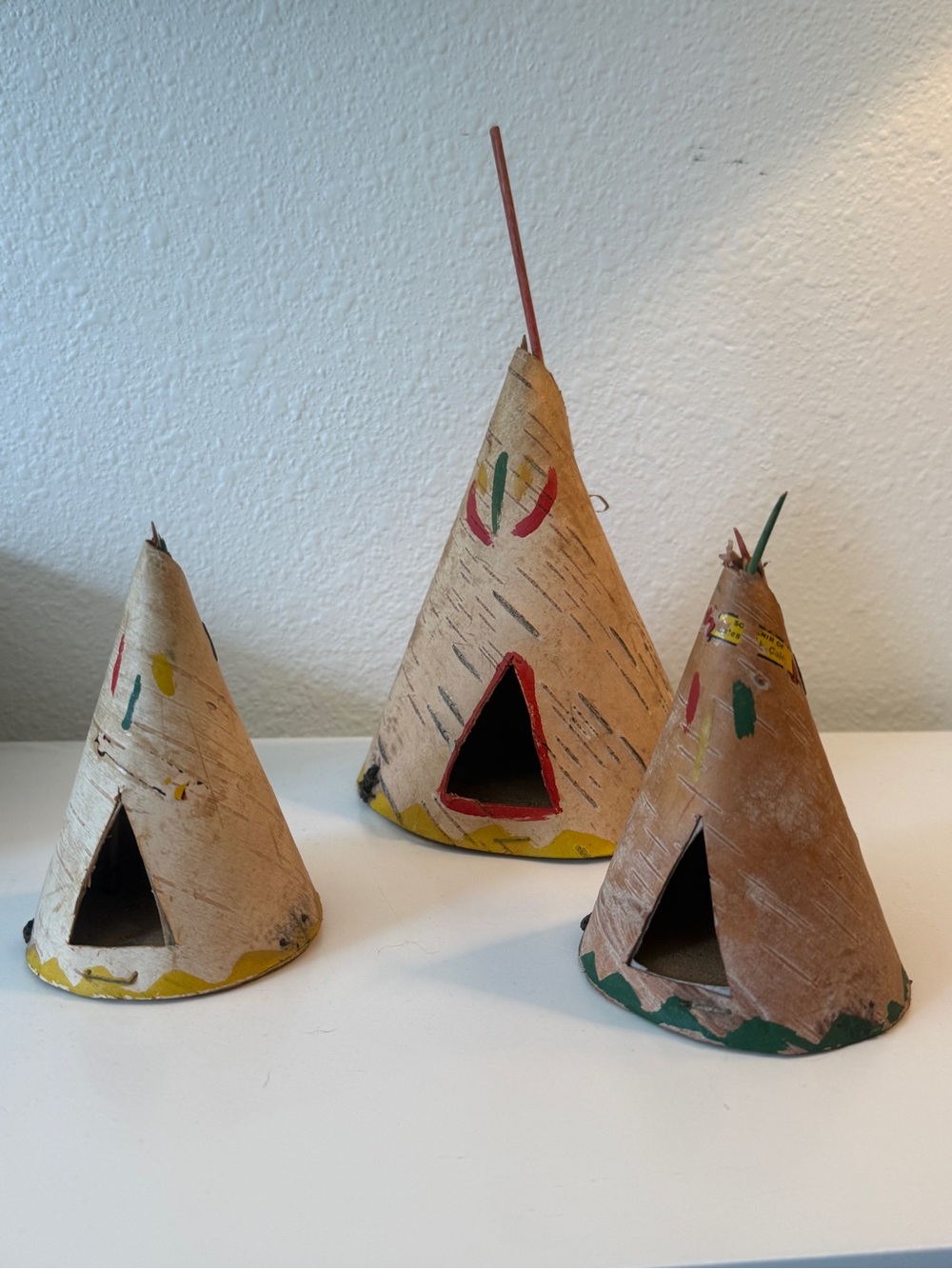 Vintage souvenir teepee set of 3 Estes park Colorado birch bark mid century